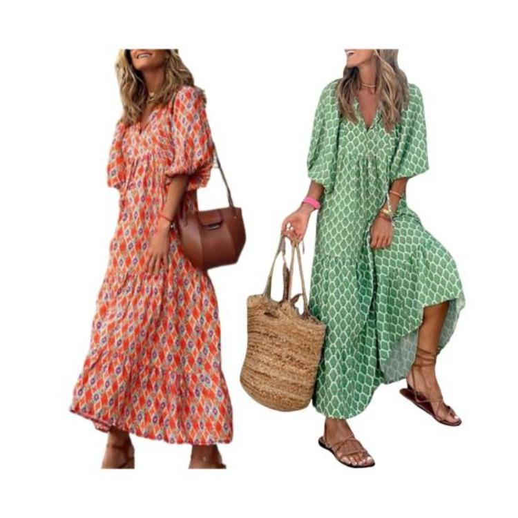 Women Bohemian Floral Print Dress V Neck A Line Maxi Beach Dress with Puff Sleeves Casual Loose Printed High Waist Swing Hem Dress for Beach Party
