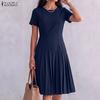 ZANZEA Women Casual Round Neck Solid Color Short Sleeve Summer Pleated Dress