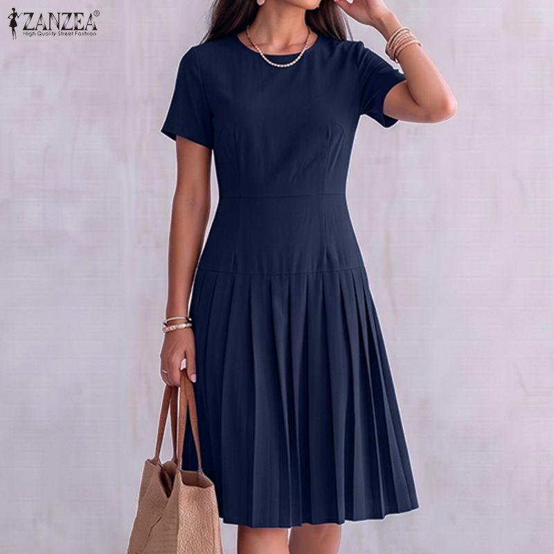 ZANZEA Women Casual Round Neck Solid Color Short Sleeve Summer Pleated Dress