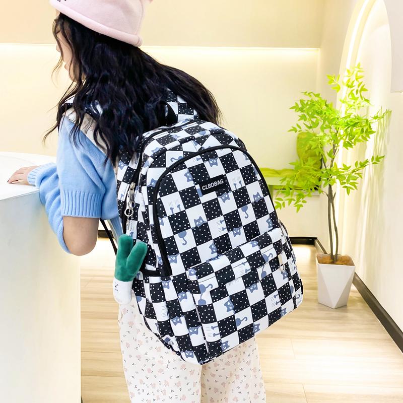 Three-Piece Backpack Set Large Capacity Student Schoolbag Junior High School Student Checkerboard Backpack with Lunch Bag Pen Bag