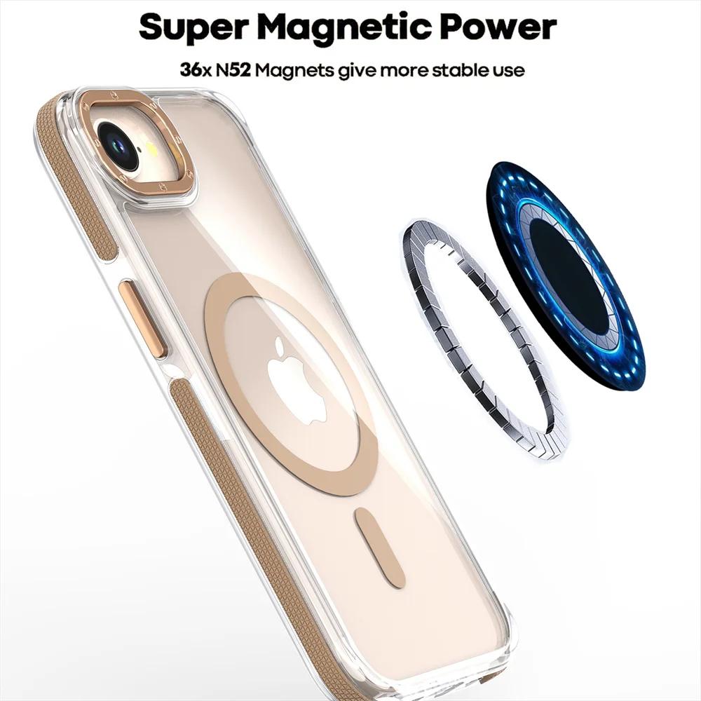 Luxury Magnetic Clear Case for 16E For Magsafe Wireless Charge Shockproof Transparent Cover for 16 15 Pro Max Plus