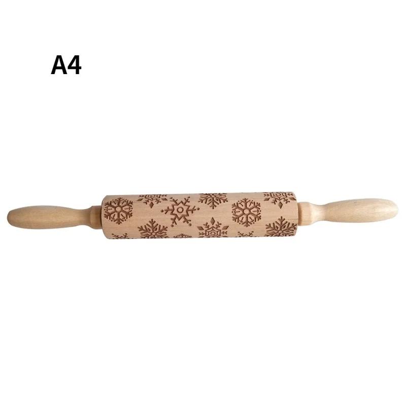 Christmas Elk Pattern Kitchen Supplies Rolling Pin Wooden Laser Carving Roller Embossed Rolling Pin Household Baking Small Tools
