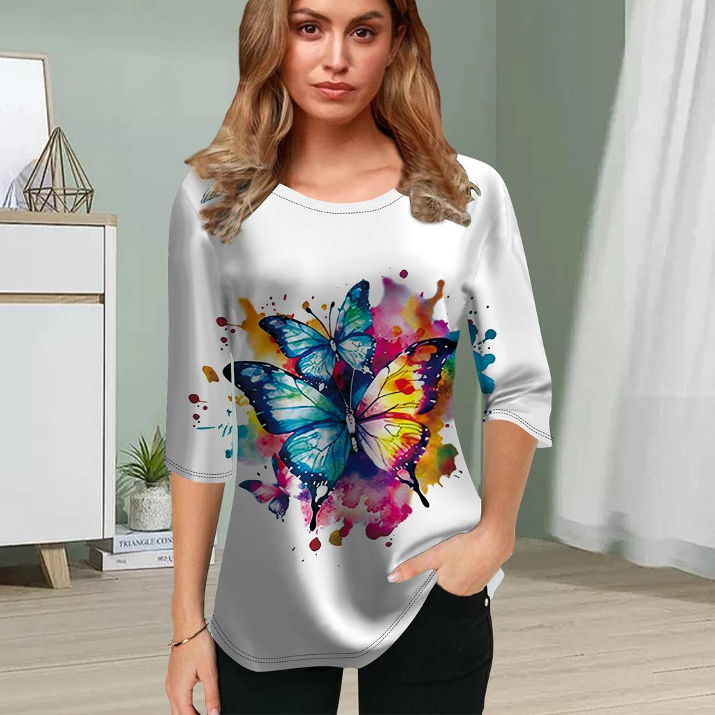 Womens Blouse 3D Painted Butterfly Printing Flower Half Sleeve Tops Summer Casual Tops Printed Round Neck Half Sleeve T Shirt