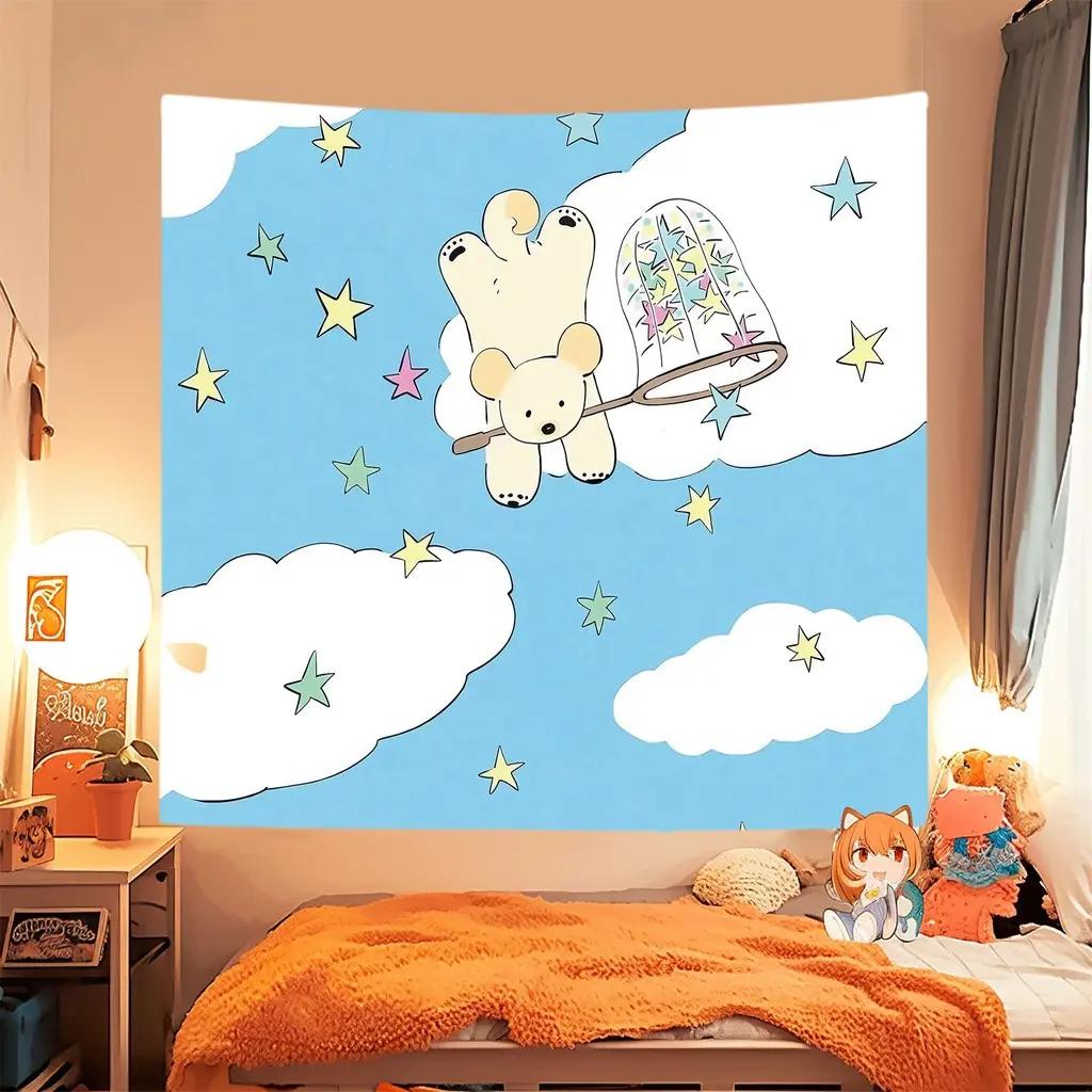 Kawaii Cat Tapestry Cute Cartoon Anime Wall Hanging Polyester Aesthetic Decor for Bedroom Dorm Kids Room Decor