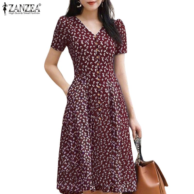 ZANZEA Dámské ležérní letní šaty s krátkým rukávem a potiskem s výstřihem do V