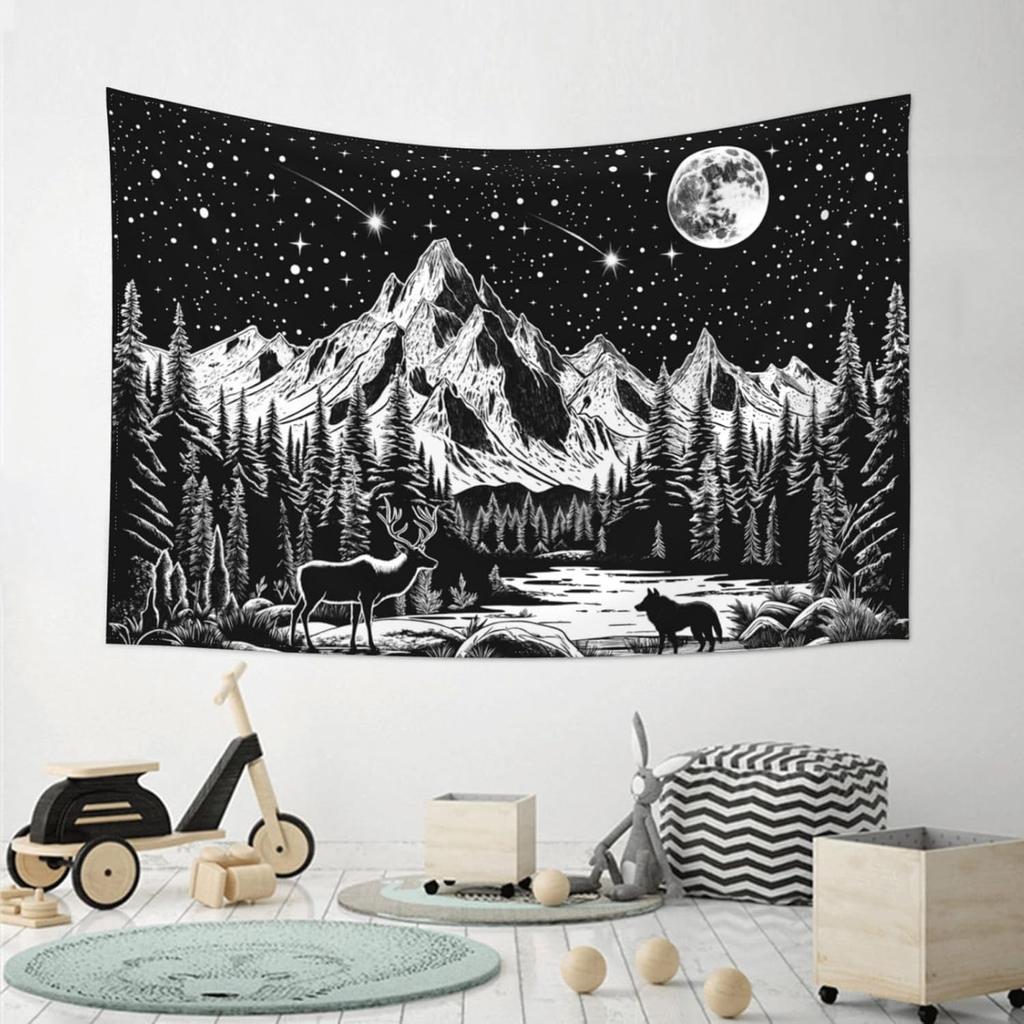 Black And White Tapestry Starry Night Mountain Tapestries For Bedroom Aesthetic Moon And Stars Tapastry'S Wall Hanging Dark