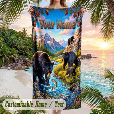Teddy Bear Theme Beach Towel Personalized Custom Name & Text Soft Quick Dry Beach Towel for Swimming Travel
