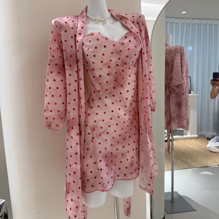 Polka dot ice silk V temptation plus chest pad underwear sweet perspective mesh lace nightdress robe home two-piece set