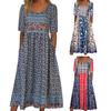 Summer Lady Dress Pleated Ethnic Style Print A-line Loose Hem Side Pockets Round Neck Soft Bohemian Short Sleeves Mid-calf Length Women Daily