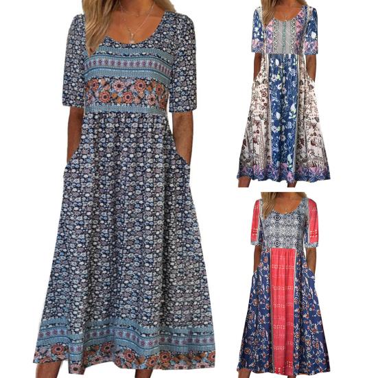 Summer Lady Dress Pleated Ethnic Style Print A-line Loose Hem Side Pockets Round Neck Soft Bohemian Short Sleeves Mid-calf Length Women Daily