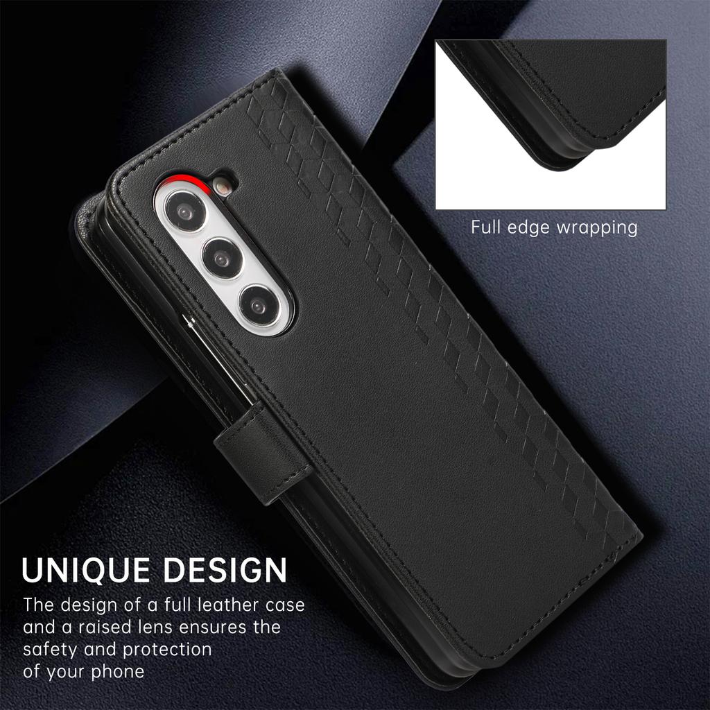 For Samsung Galaxy Z Fold6 5G Case 3D Rhombus Grid Imprinted Wallet Leather Phone Cover with Lanyard