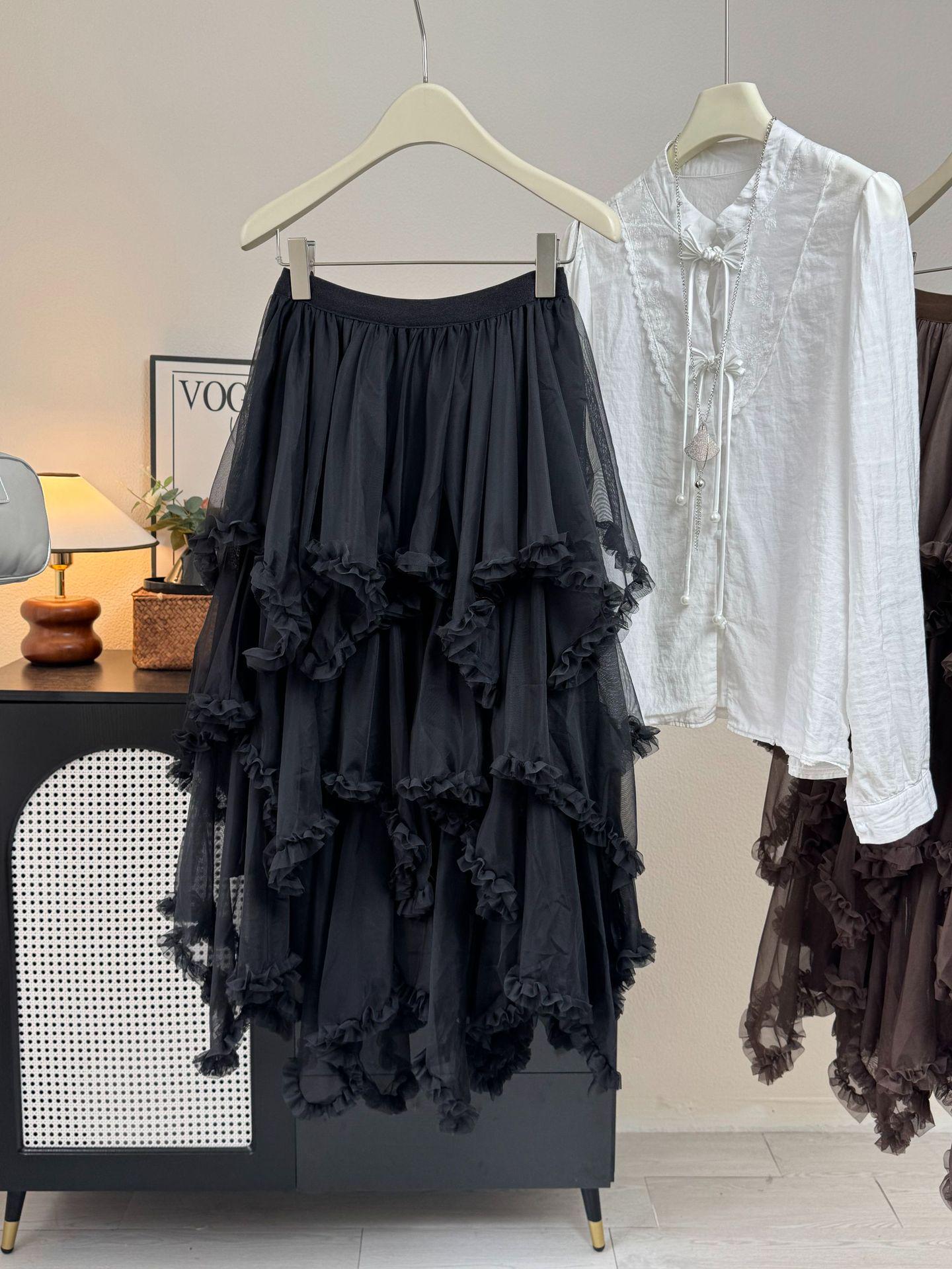 2026 Summer Women s Irregular Wood Ear Lace A-Line Fluffy Cake Skirt One Size чёрный