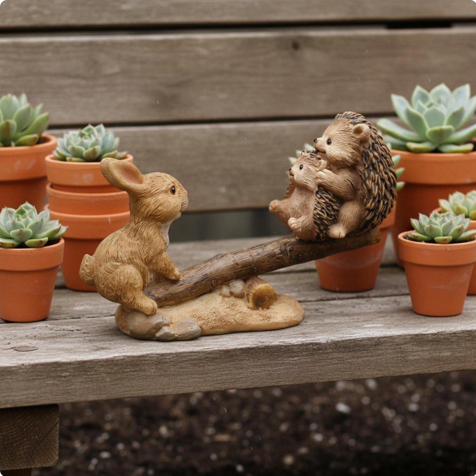 Hare and Hedgehog Seesaw Figurine Pastoral Style Resin Bunny Ornament Detailed