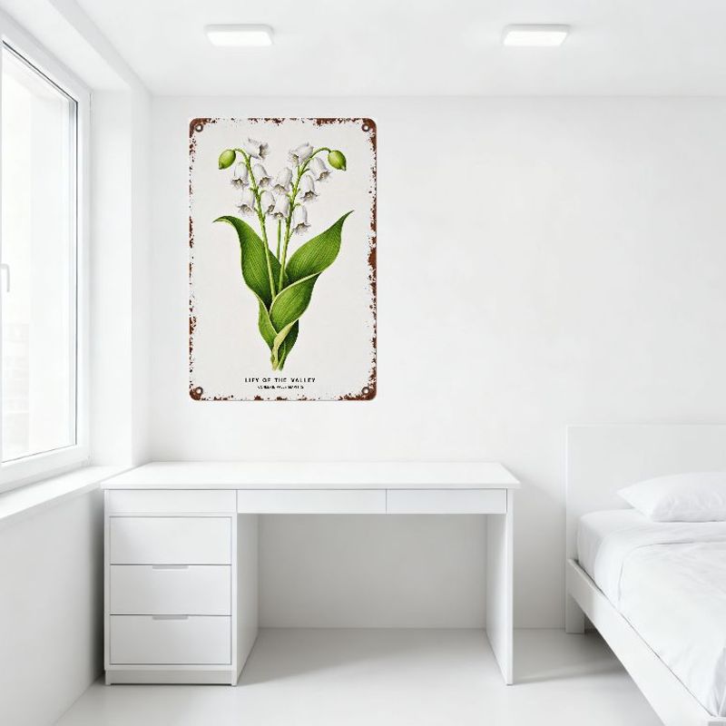 Vintage Lily of the Valley Metal Tin Sign, Convallaria Majalis Botanical Print Distressed Rusty Border Wall Decor for Home Bar C