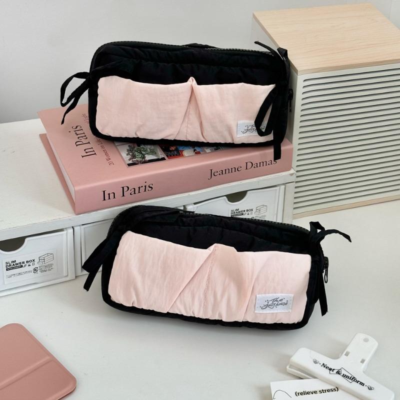 1 Piece Cute Fashion Bow Pencil Case Soft Fabric Casual Large Capacity Stationery Case Portable School Pen Bag Student