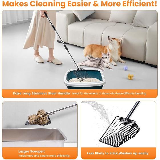 Cat Litter Scoop 43 inch Metal Litter Scooper with Stainless Steel Long Handle, Upgraded Large Kitty Box Scooper Heavy Duty Deep Shovel for Fast