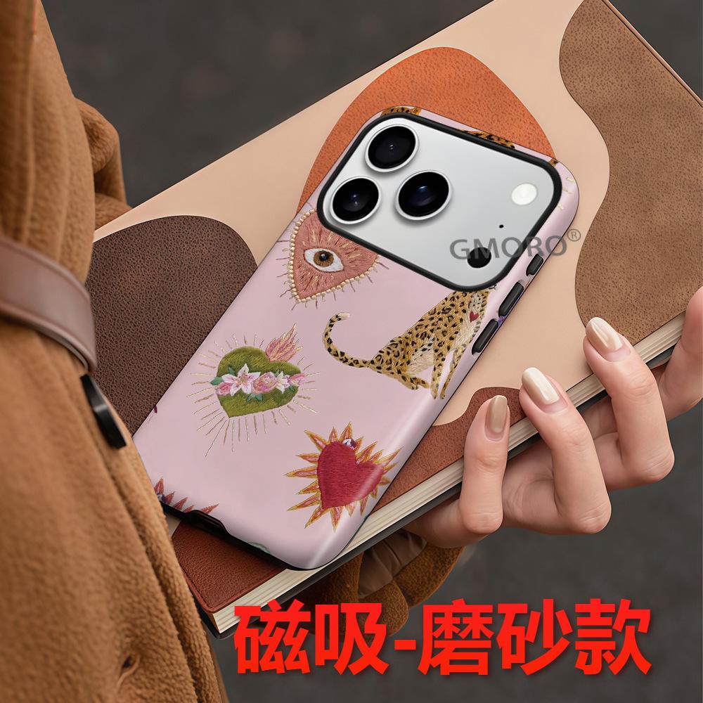 European and American Popular Embroidery Wind Leopard Love Mobile Phone Case iPhone16e Double-layer Magnetic Film Case Apple 17Pro