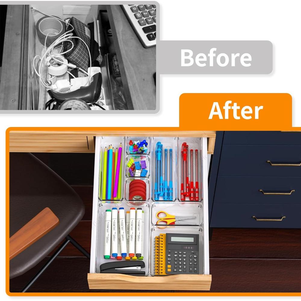7pcs Clear Plastic Makeup Organizer for Countertop Stackable Drawer Dividers for Cosmetics Office Supplies Desk StorageOrganizer
