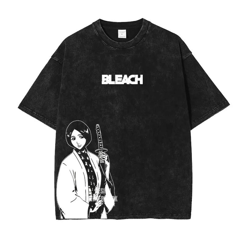 Anime B-Bleach T Shirts Vintage Washed Kurosaki Ichigo T-shirt Streetwear Manga Renji Zaraki Kenpachi Tops Tees Man