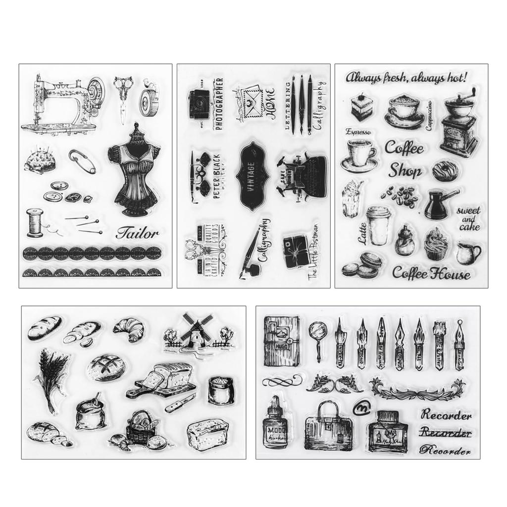 seimeinoki Clear Set of Retro Life Transparent Silicone Transparent Planner Letter Handmade DIY for and Embossing Stamps, 5, Scenarios, Stamps, Pen,