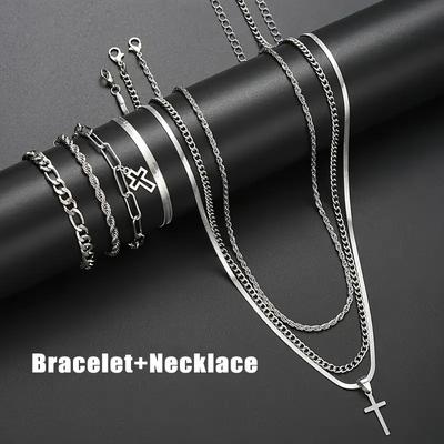 7 Pcs Trendy Streetwear Cross Necklace Bracelet Sets Unisex Silver Color Fashion Jewelry Set For Everyday Party Wear Gifts