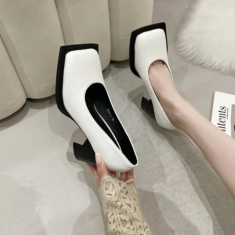 Spring Autumn Real Leather Mary Janes Shoes Women's Retro Big Square Toe Shallow Pumps Ladys Lolita Shoe