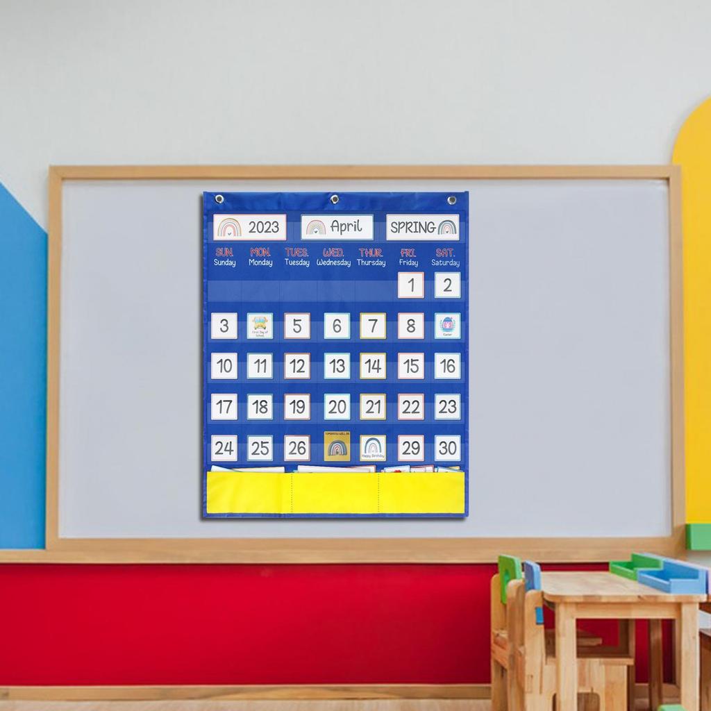 Calendar Pocket Chart for Kids Tags Card Homeschool Back Weekly with 89 Cards Wall