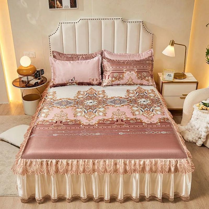 3pcs/set 2024 Summer Lace Bed Skirt Ice Silk Mat Printed Korean Lace Cool Mat Set Retro Single AndDouble Air Conditioned Bed Mat