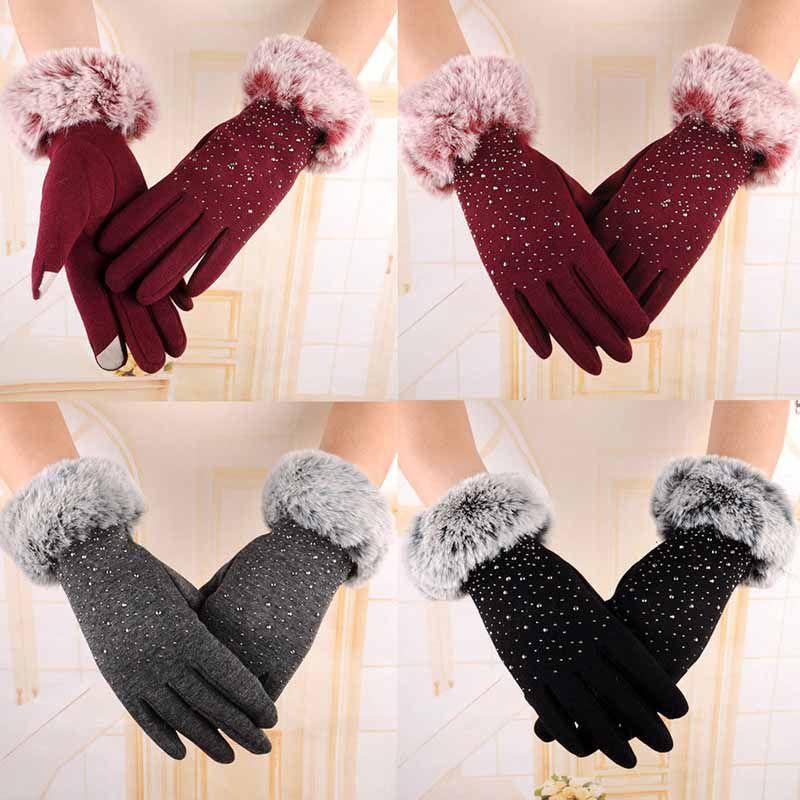 Winter Womens Fashion Outdoor Sport Warm Fur Crystal Thick Finger Mittens Gloves