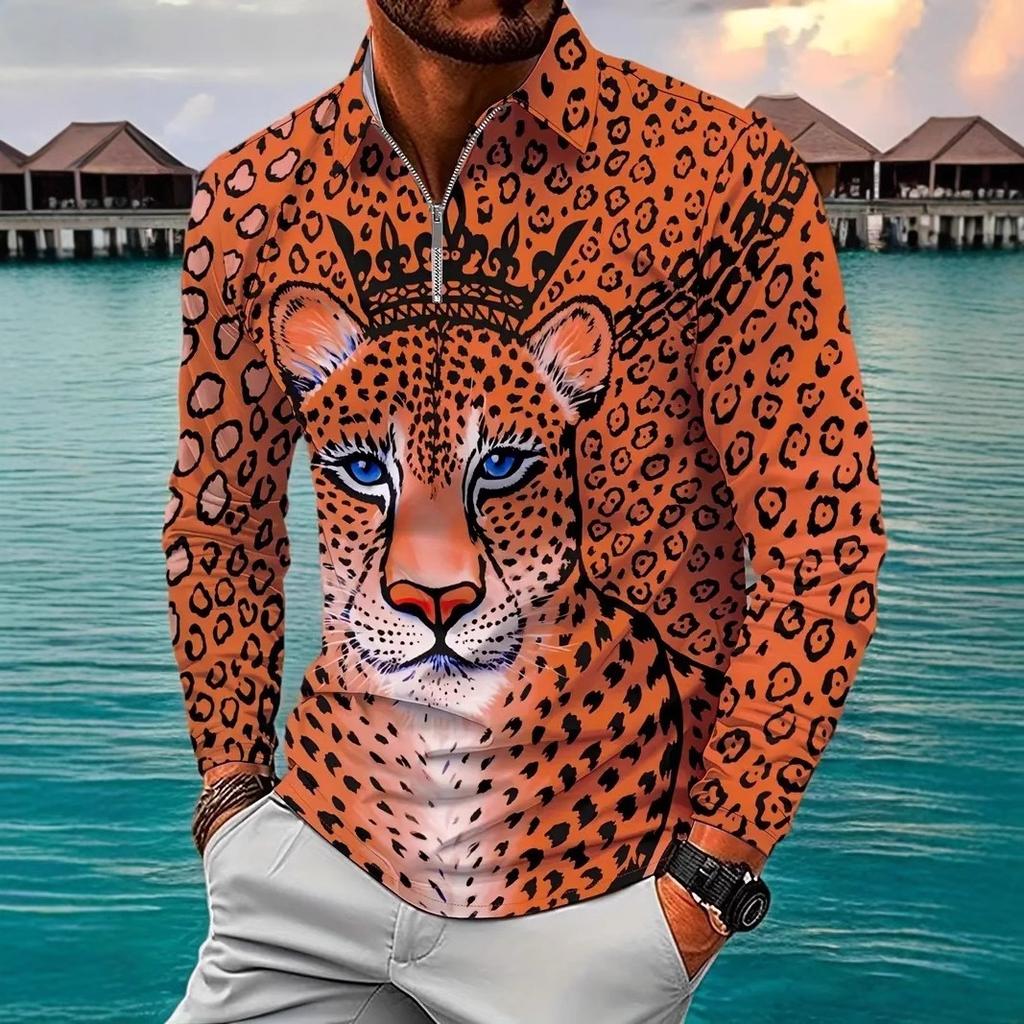 Stylish Long Sleeve Polo Shirt with Leopard Print Graphic, Trendy Casual Wear