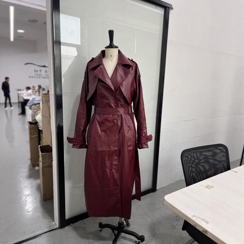 European & American Autumn Long Leather Trench Coat with Belt - Casual Fashion Outerwear