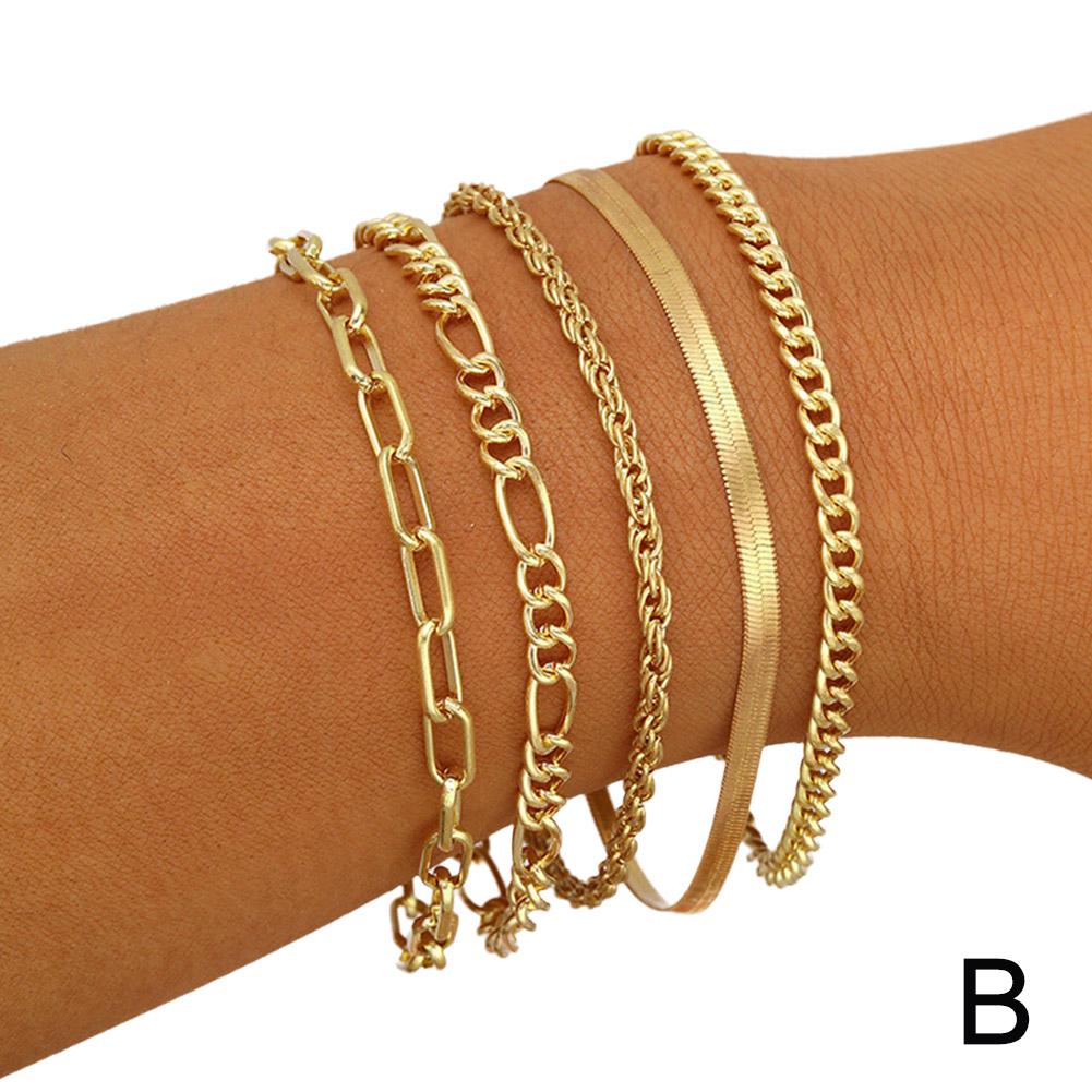 5PCS/Set Bohe Gold Color Heart Bracelet Boho Retro Thick Twist Cuban Chain Bracelet For Women Fashion Jewelry Christmas Gift