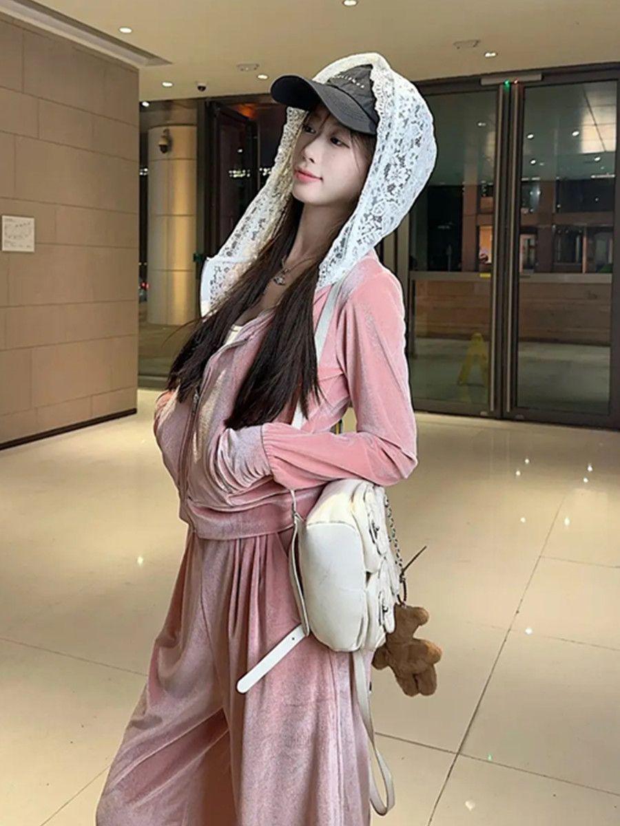 

Pure Desire Women s Lace Hooded Velvet Jacket + Casual Pants Set, Autumn/Winter Collection M