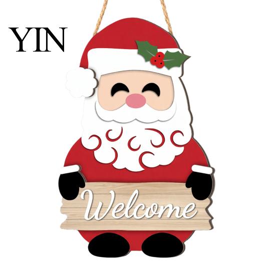 Christmas Tree Wall Decoration 2D Wooden Welcome Hanging Sign, Cartoon Santa Snowman Xmas Party Decor Door Hanger with Rope, Porch Front Holiday