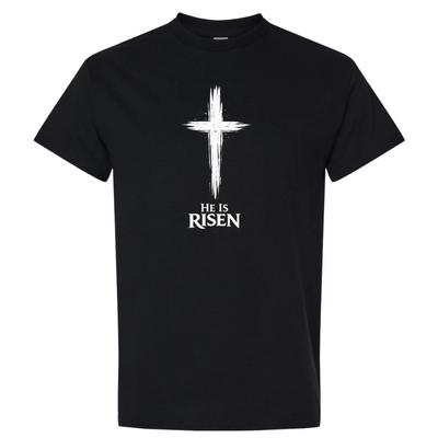 Christian He Is Risen White Cross Shirt Easter Jesus Faith Graphic Tee Mens