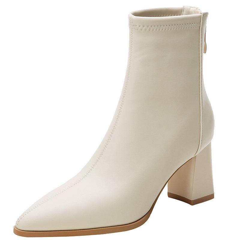 Martin Boots Women's Thick Heel Soft Leather Autumn and Winter French Versatile Small Heel Short Boots with Velvet Middle Heel