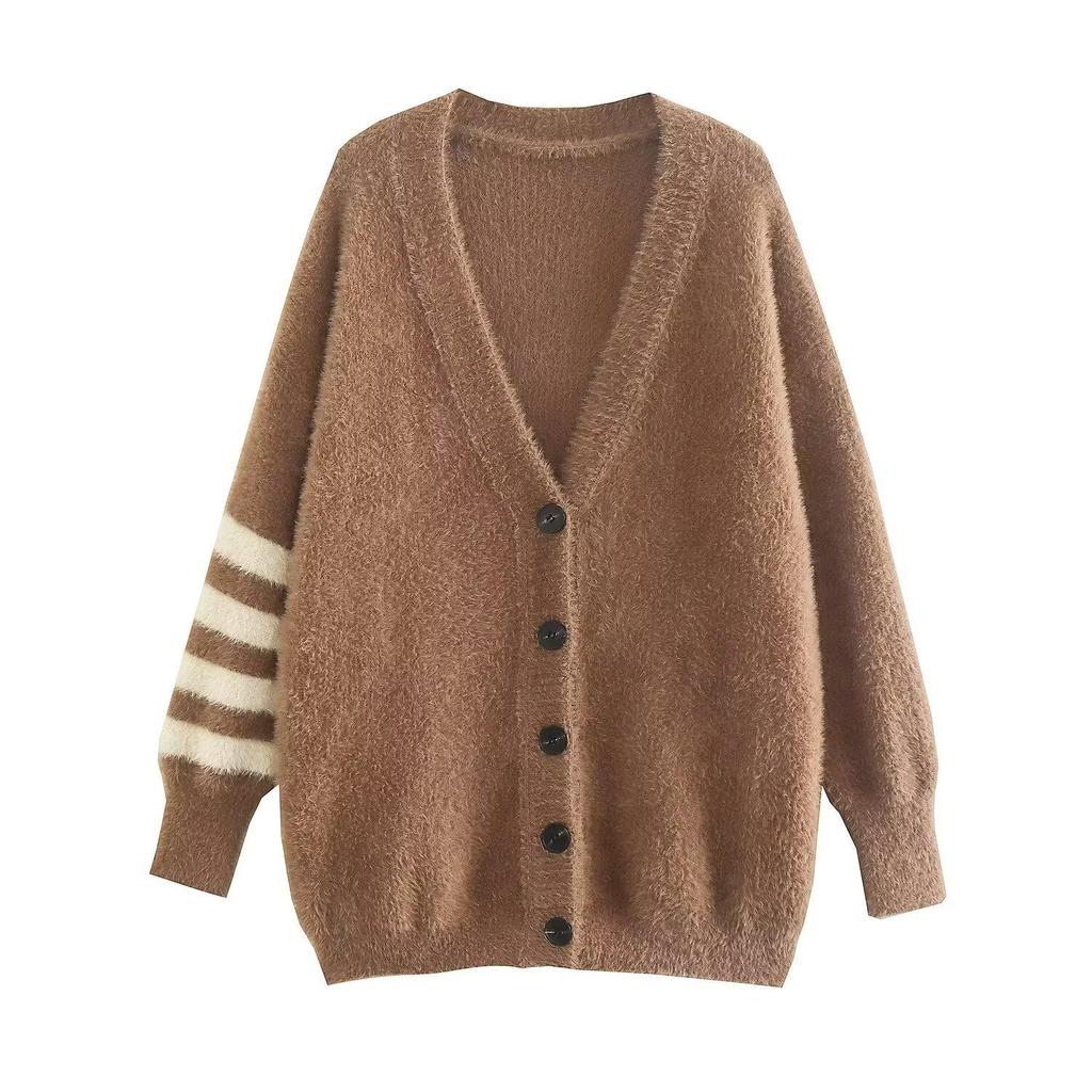 2025 Autumn Women's European & American Style Versatile Faux Mink Fur Striped Sleeve Loose Knit Cardigan