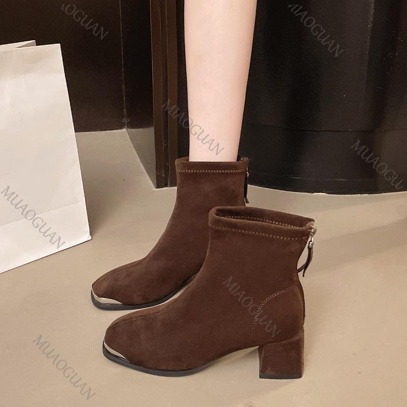 Fashion French Retro Elastic Ankle Boots Suede Thick Heeled Temperament Women's Shoes Suede Back Zipper Square Toe Short Botas Female