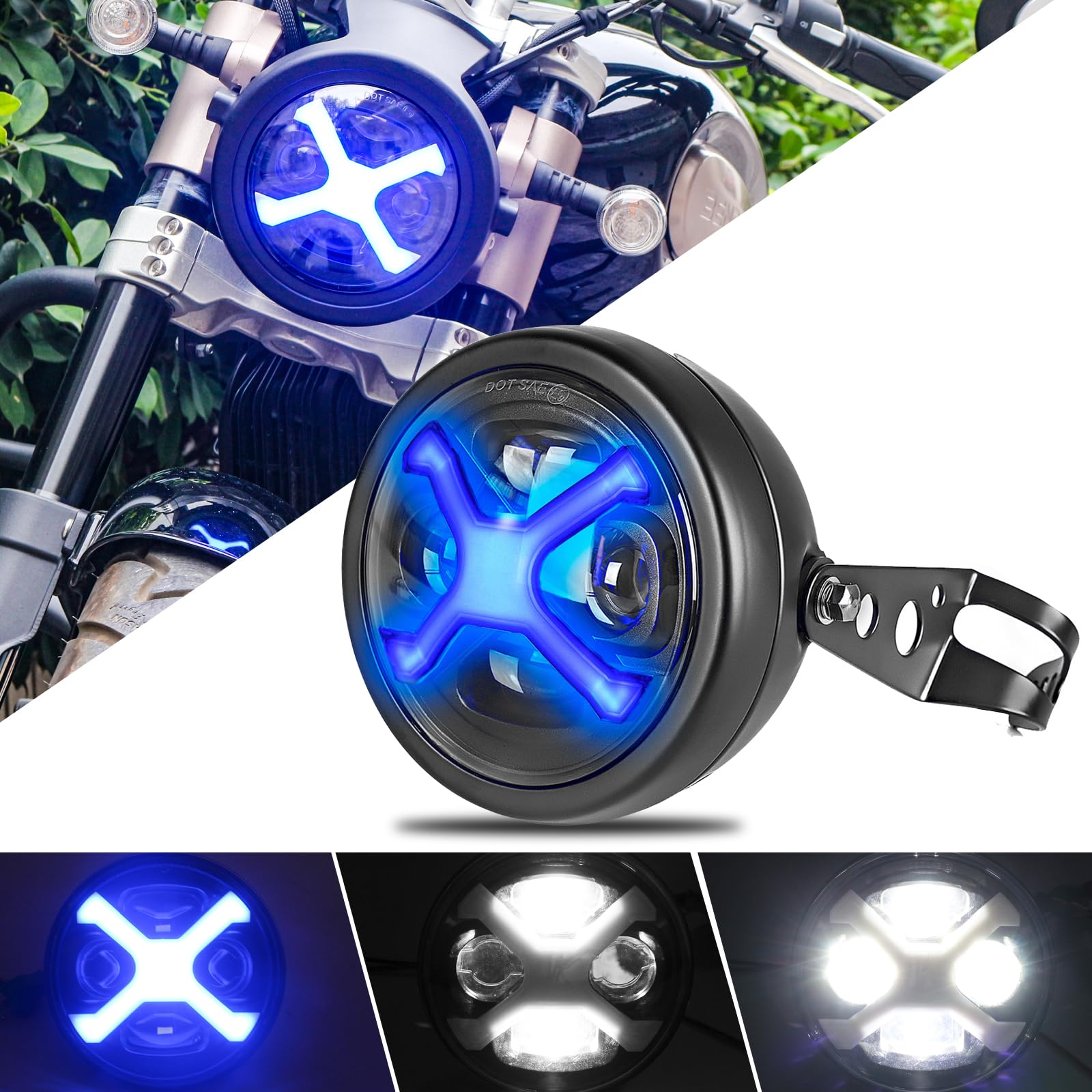 

Motikvansled Motorcycle Headlight LED 5.75 60W X-Type Motorcycle Headlight with Universal Housing & Bracket