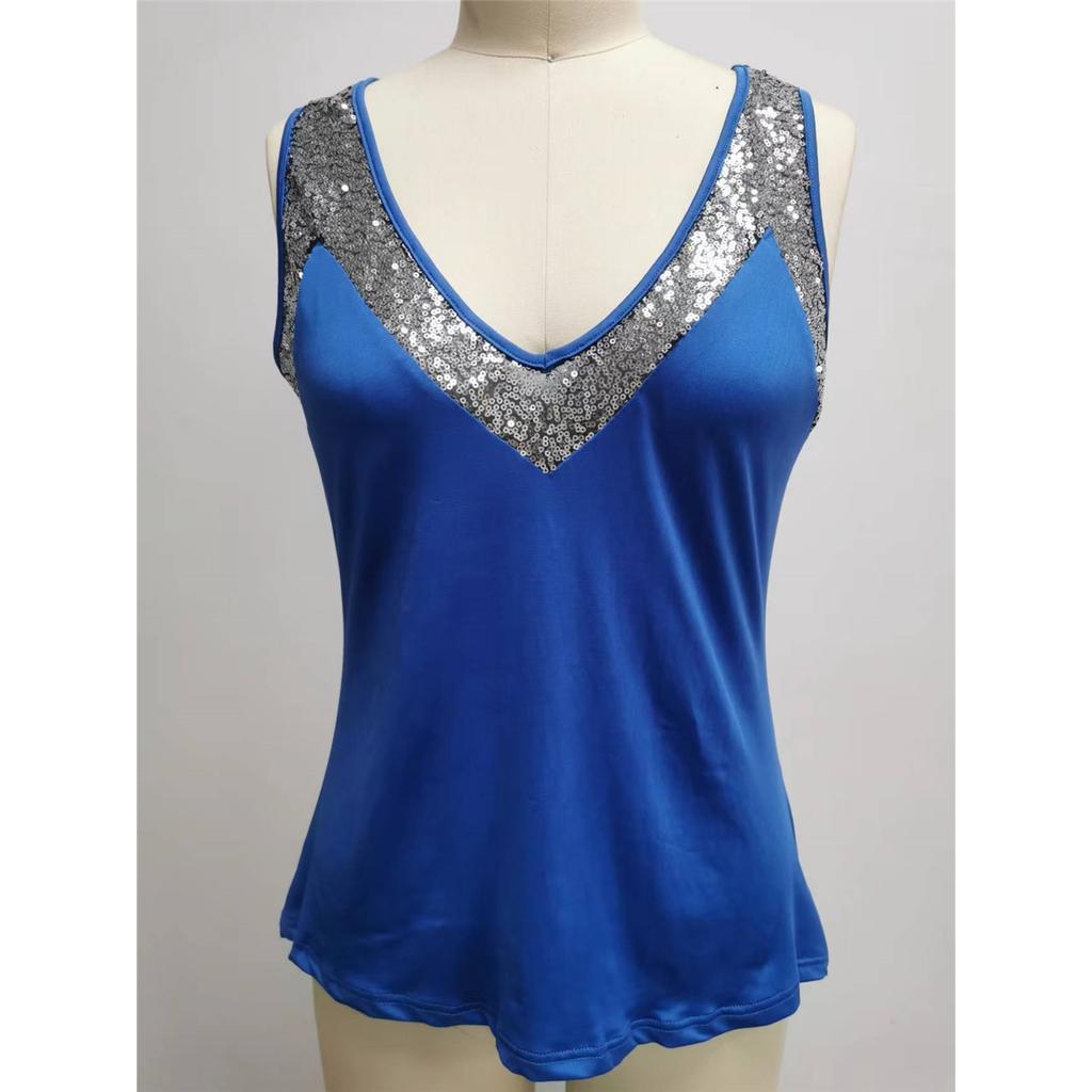 Women's Solid Color Sleeveless V-Neck Glitter Wide Strap Vest