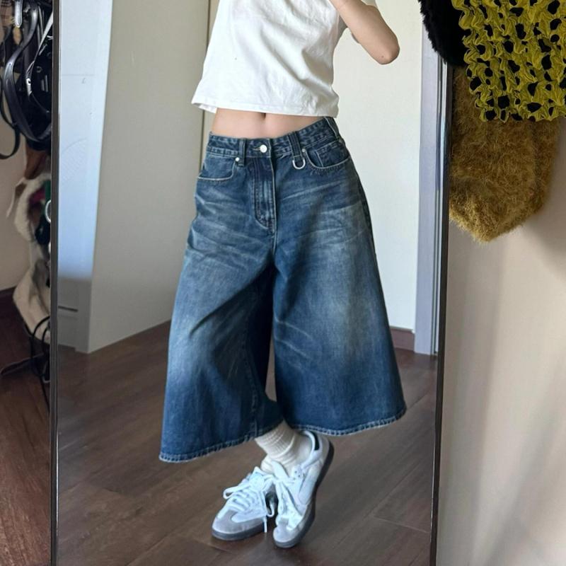 

2024 винтажные джинсовые шорты с бакенбардами, женские джинсовые шорты с низкой посадкой, потрепанные широкие брюки, мешковатые джинсы, повседневная летняя одежда M синий