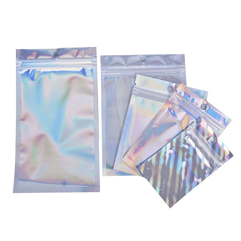 10Pcs Iridescent Zip Lock Pouches Cosmetic Plastic Laser Holographic Zipper Bags