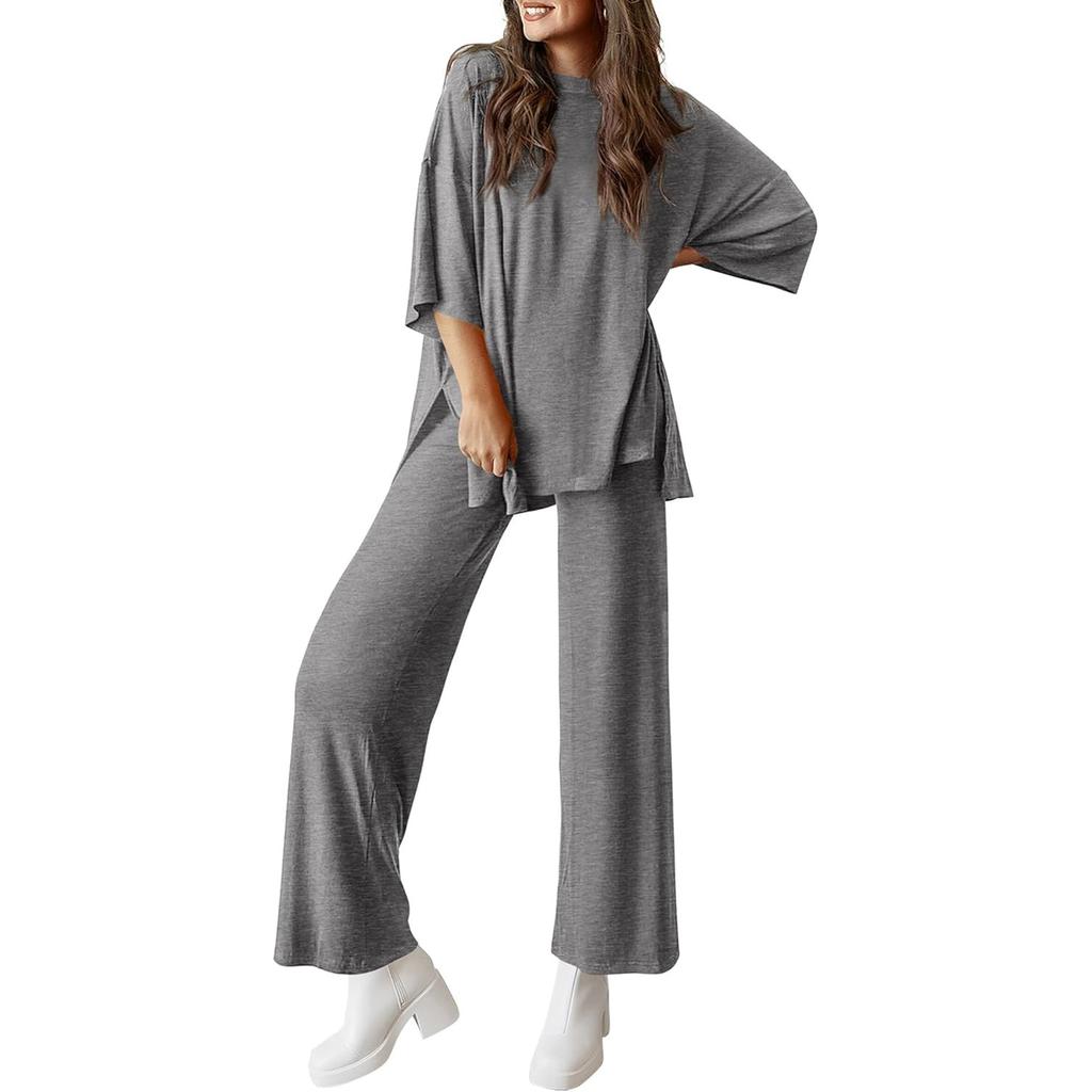 Women's Loose-Fitting Fashion Solid Color Split Round Neck Short Sleeve Long Pants Two-Piece Set