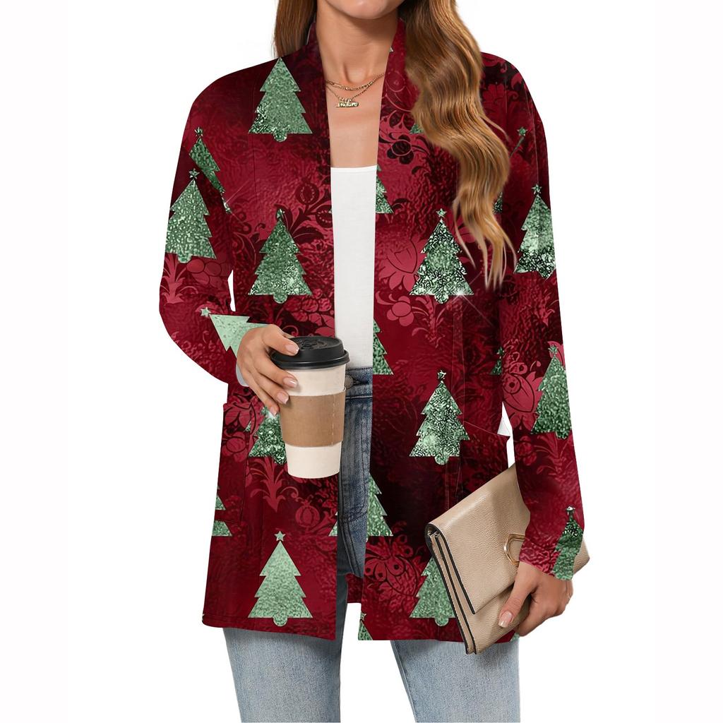 Women's Christmas Printed Lightweight Cardigan Long Sleeved Casual Loose Thin Fit With Pockets Cardigan Jacket