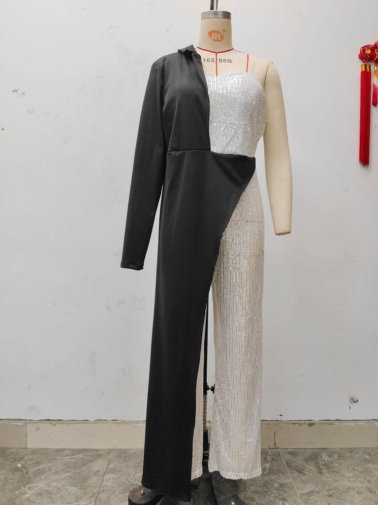 2025 One-Shoulder Silver Splicing Sequin Jumpsuit for Women - European & American Fashion