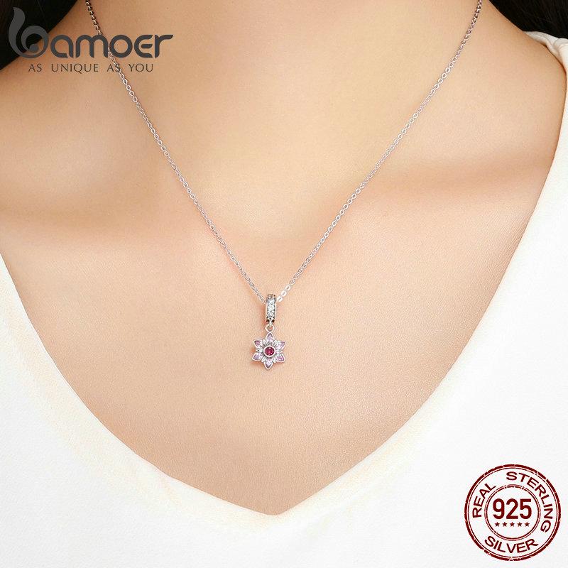 BAMOER 100% 925 Sterling Silver Pendant Pink Crystal Spring Flower Pink CZ Charm Fit Charm Bracelet