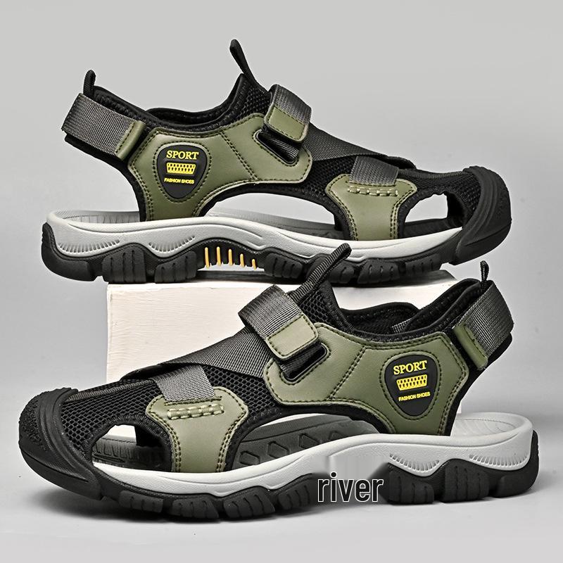 Men's Plus Size Breathable Mesh Beach Sandals, Non-Slip Outdoor Closed-Toe Velcro Shoes