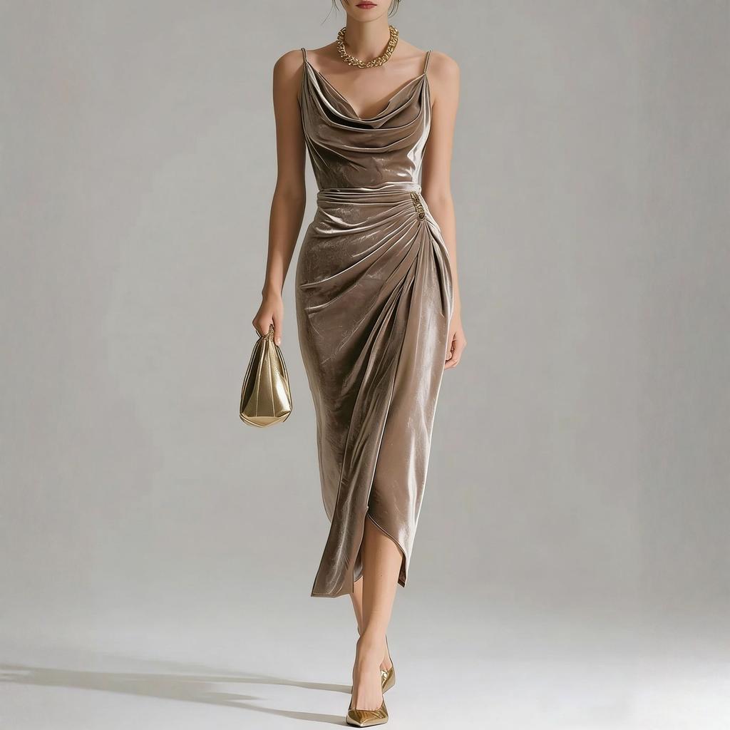 Modna i casualowa damska welurowa sukienka bez rękawów z długim rozcięciem, podkreślająca figurę