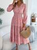 Women Elegant Floral V Neck Long Sleeve High Waist Ruffled A Line Long Dress