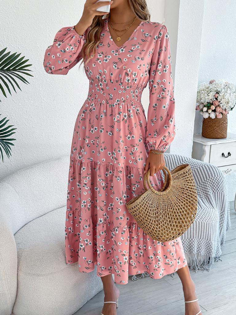 Women Elegant Floral V Neck Long Sleeve High Waist Ruffled A Line Long Dress